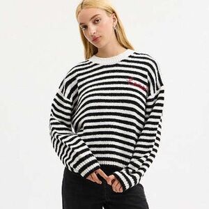 Coach Black and White Striped Crewneck Sweater with Red Embroidery